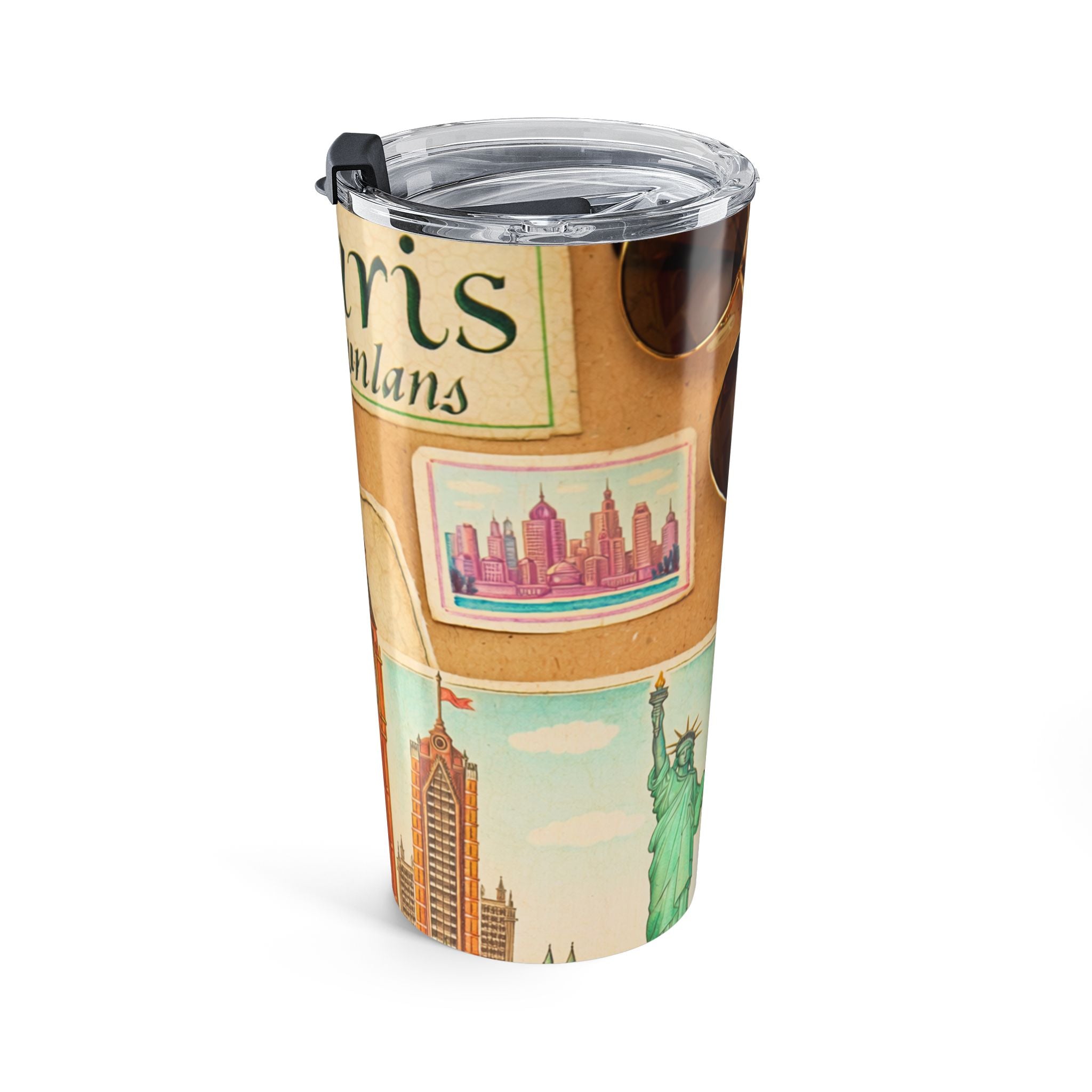 20oz Travel Tumbler – Vintage World Travel Collage (Paris, London, Statue of Liberty)