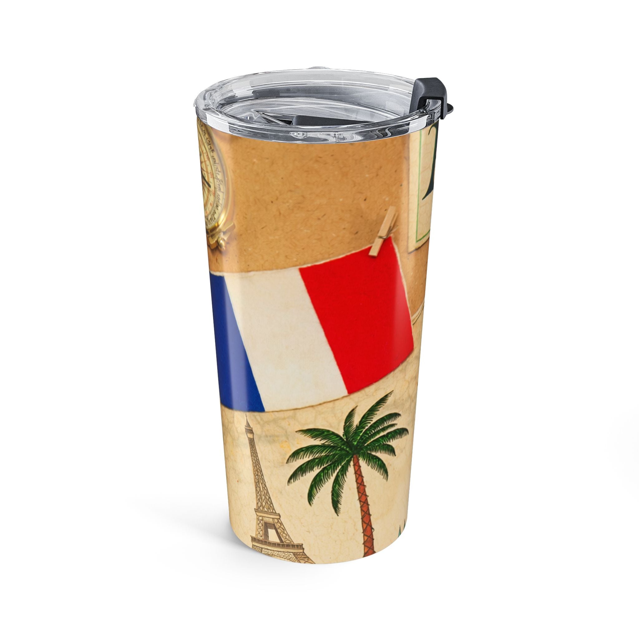 20oz Travel Tumbler – Vintage World Travel Collage (Paris, London, Statue of Liberty)