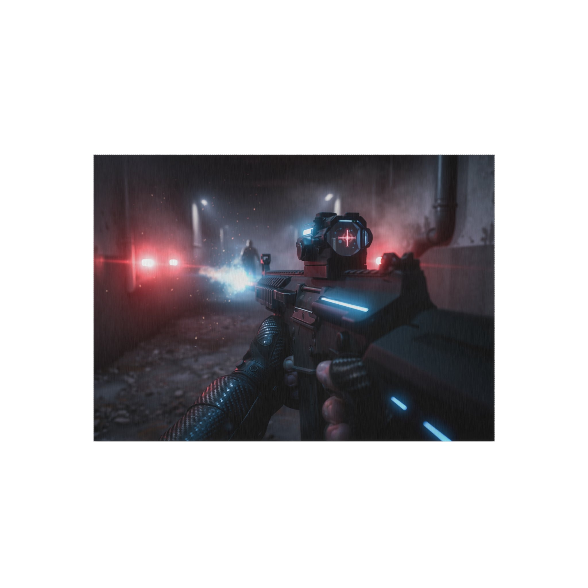 Cyberpunk Tactical Outdoor Rug — Futuristic Shooter Scene Patio Mat