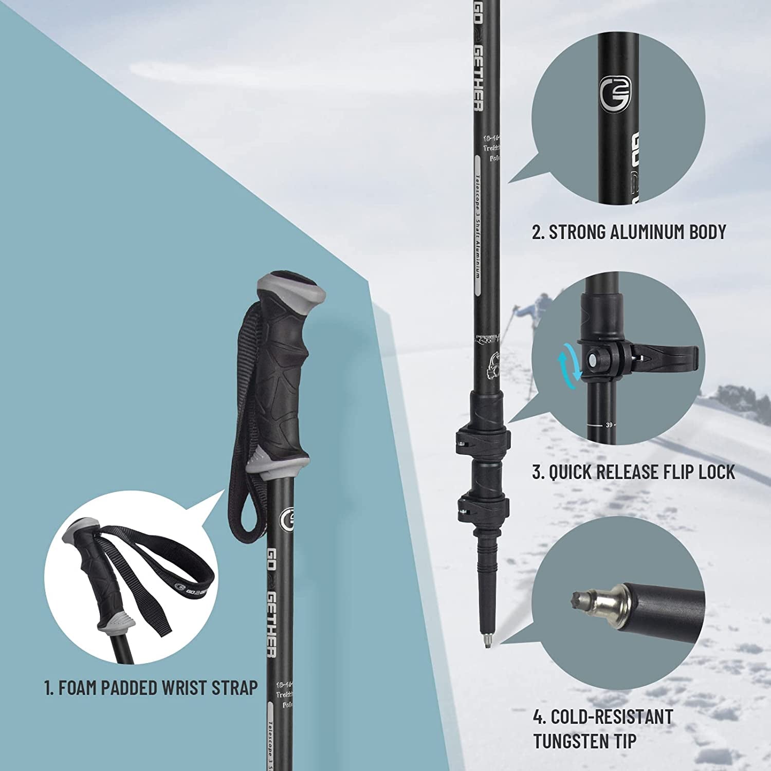 Trekking Hiking Poles Aluminum Hiking Walking Sticks with Quick Adjustable Locks - Comfort Handle - Padded Strap - Snow Baskets Attached-Suitable for Hiking, Walking