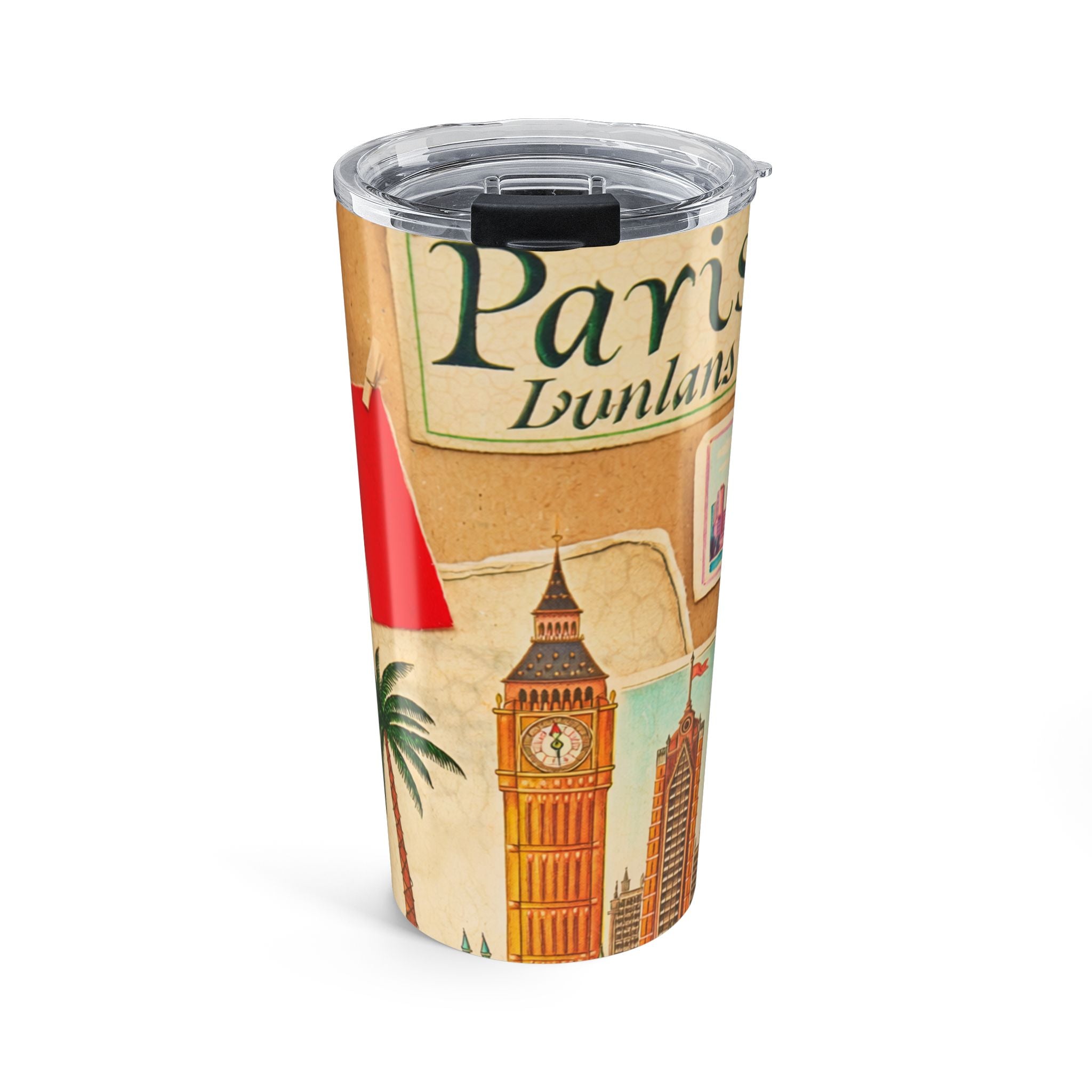20oz Travel Tumbler – Vintage World Travel Collage (Paris, London, Statue of Liberty)