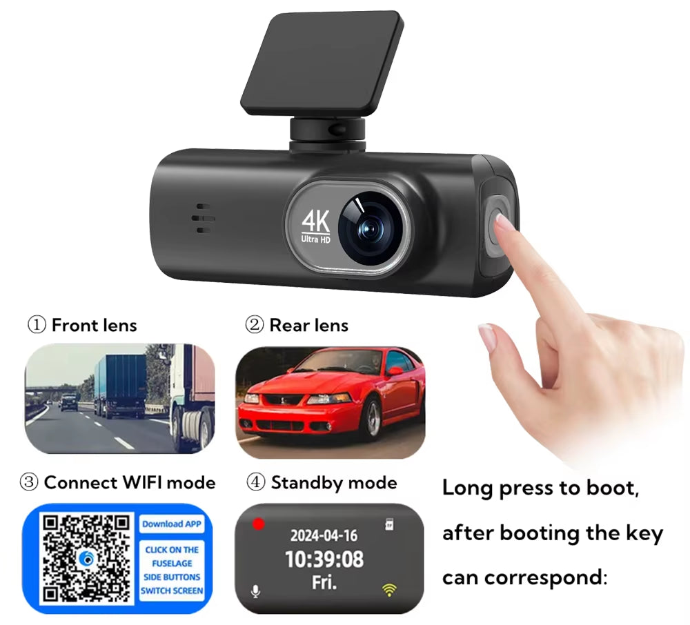 UHD 4K WiFi Dash Cam - Dual Lens Car DVR with Optional 1080P Rear Camera, GPS, and 24H Parking Monitoring