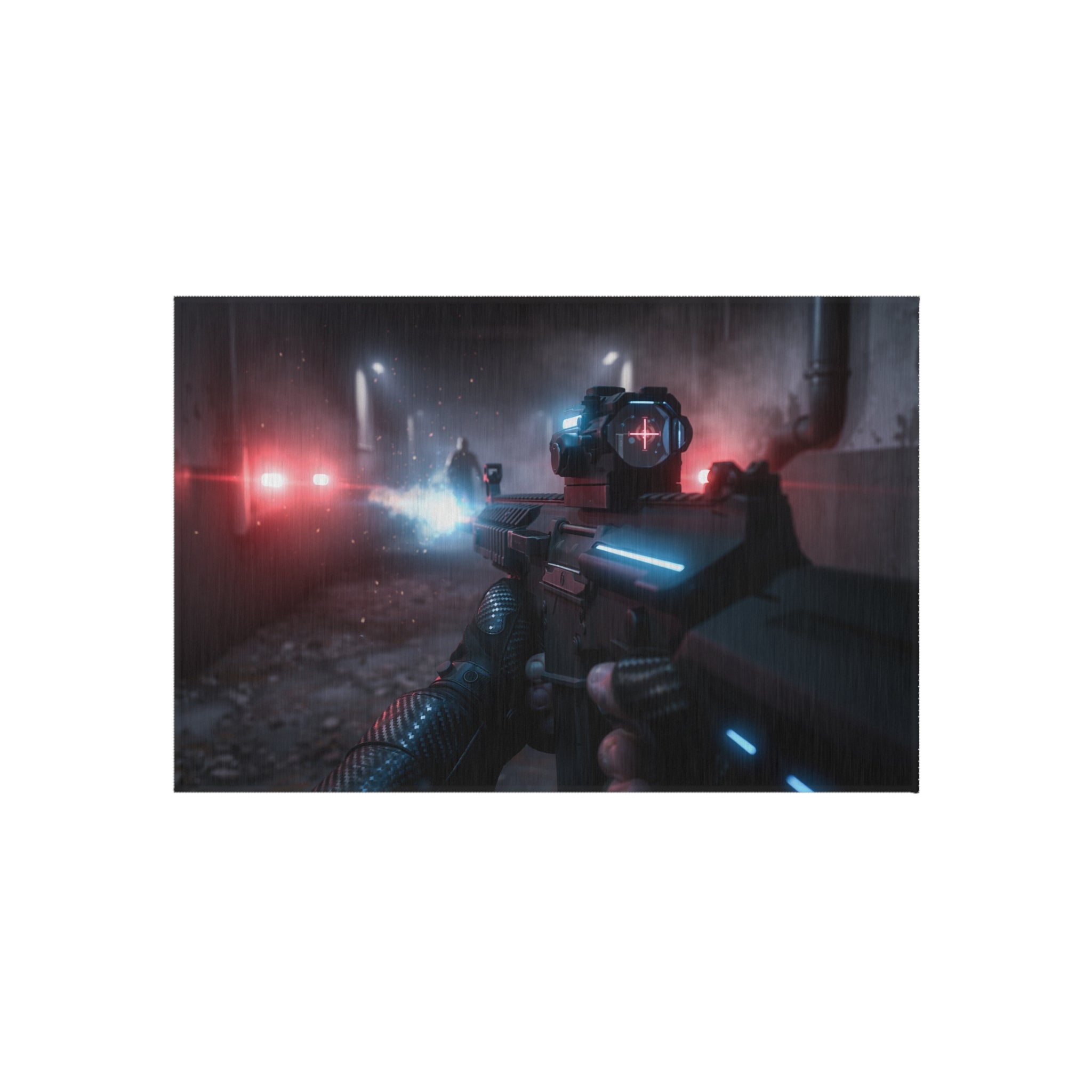 Cyberpunk Tactical Outdoor Rug — Futuristic Shooter Scene Patio Mat
