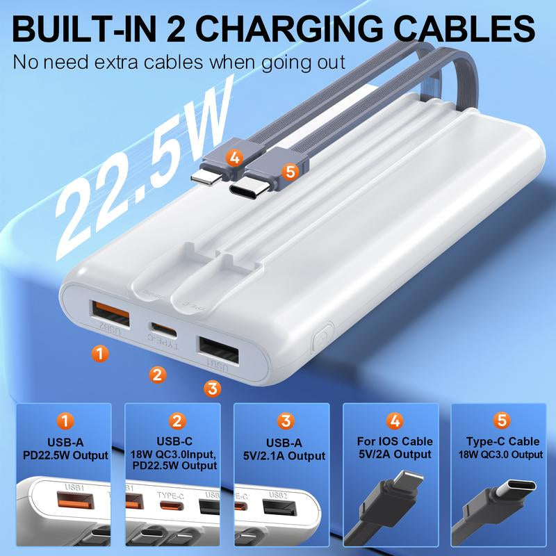 Portable 10000mAh Power Bank with Built-In Cables – PD 22.5W USB-C Charger for Heated Clothing, Smartphones, Tablets & More