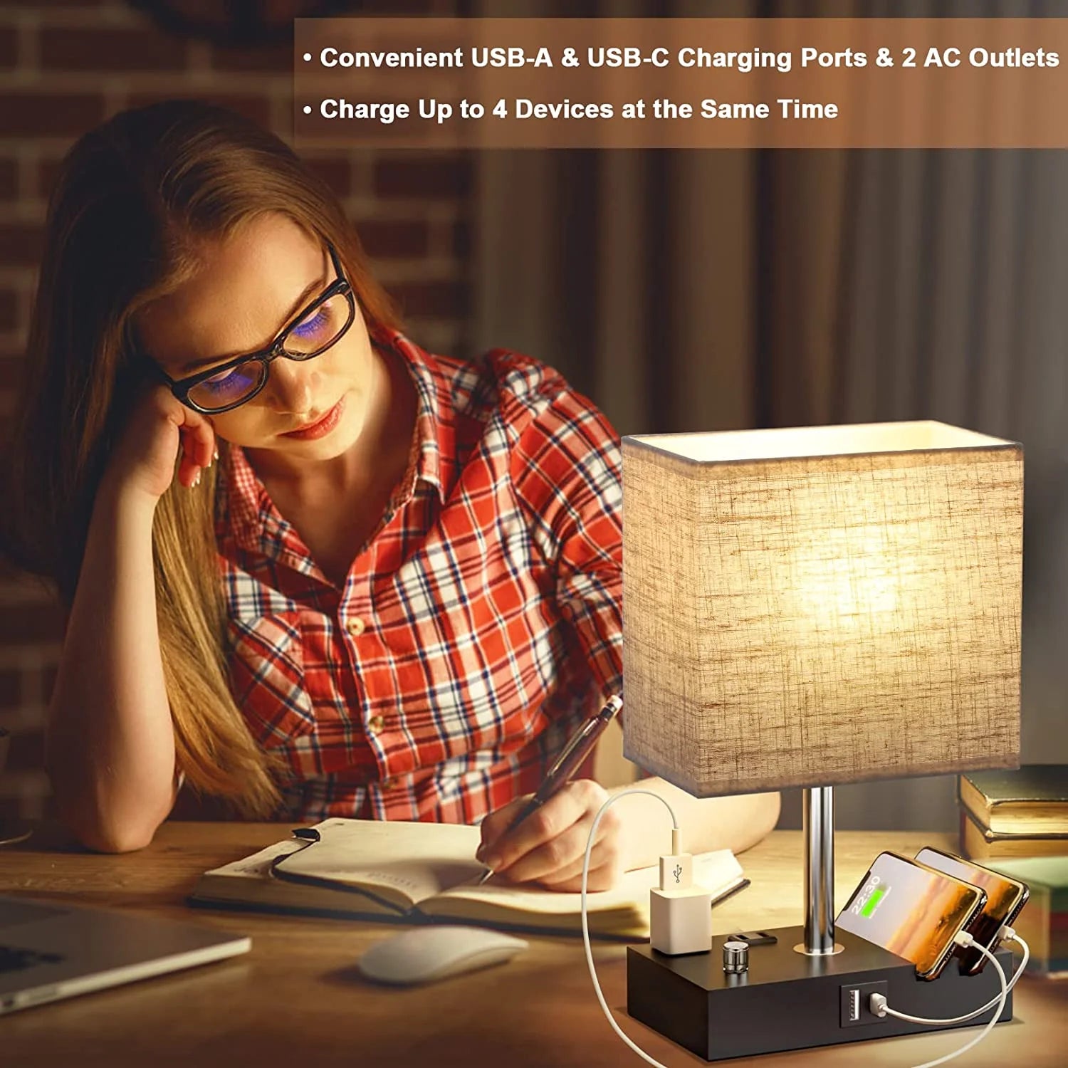 Fully Dimmable Bedside Lamp with USB Ports, Phone Stands, and Charging Outlets