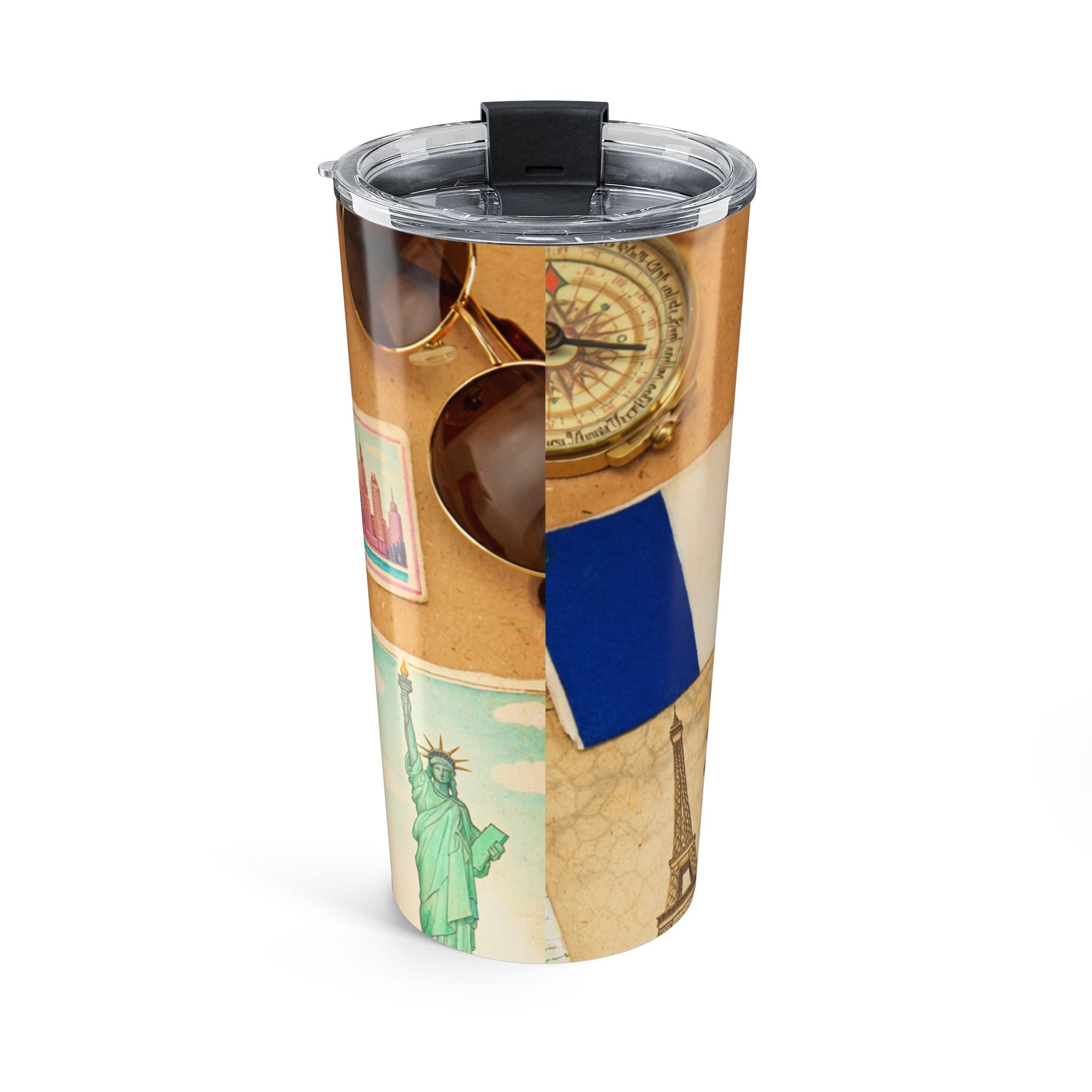 20oz Travel Tumbler – Vintage World Travel Collage (Paris, London, Statue of Liberty)
