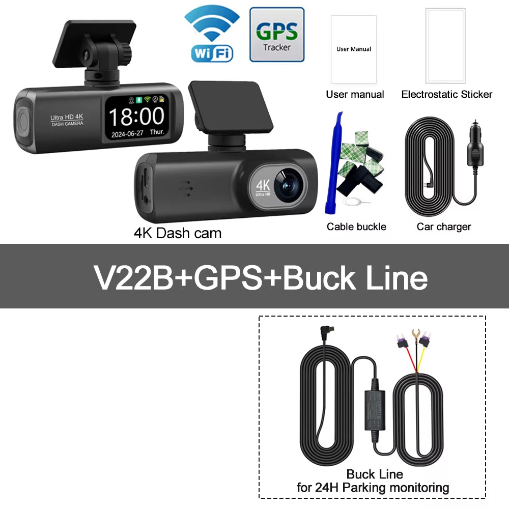 UHD 4K WiFi Dash Cam - Dual Lens Car DVR with Optional 1080P Rear Camera, GPS, and 24H Parking Monitoring