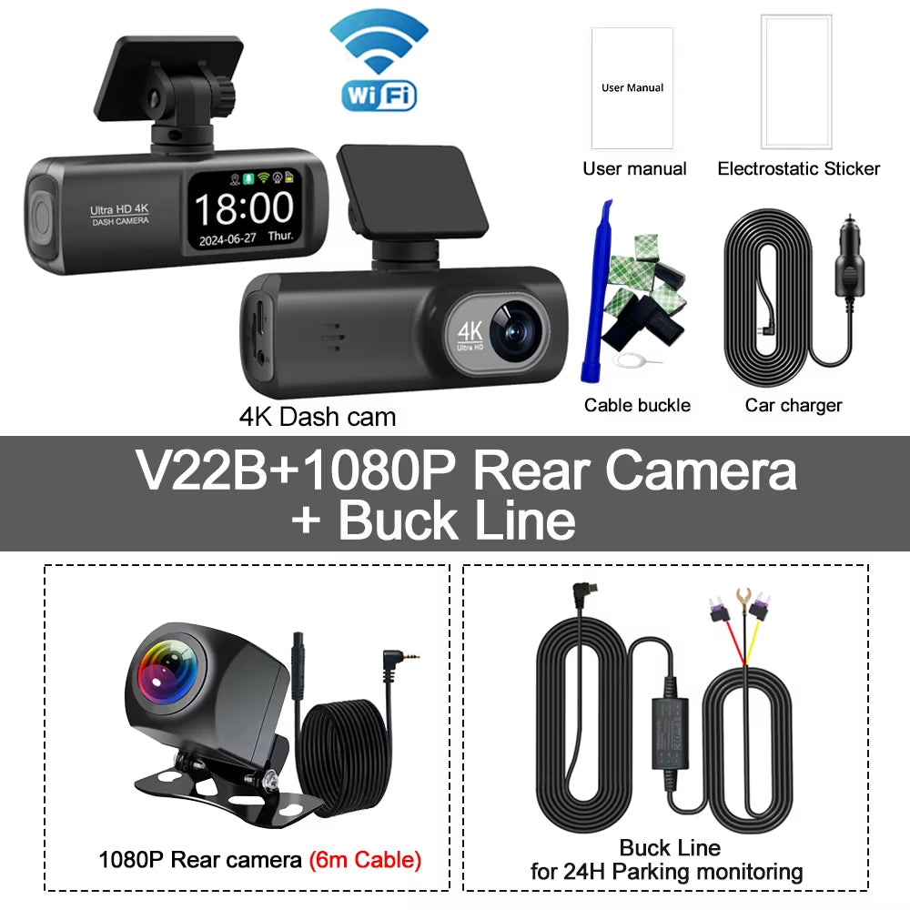 UHD 4K WiFi Dash Cam - Dual Lens Car DVR with Optional 1080P Rear Camera, GPS, and 24H Parking Monitoring