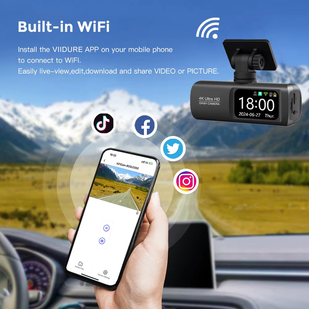 UHD 4K WiFi Dash Cam - Dual Lens Car DVR with Optional 1080P Rear Camera, GPS, and 24H Parking Monitoring