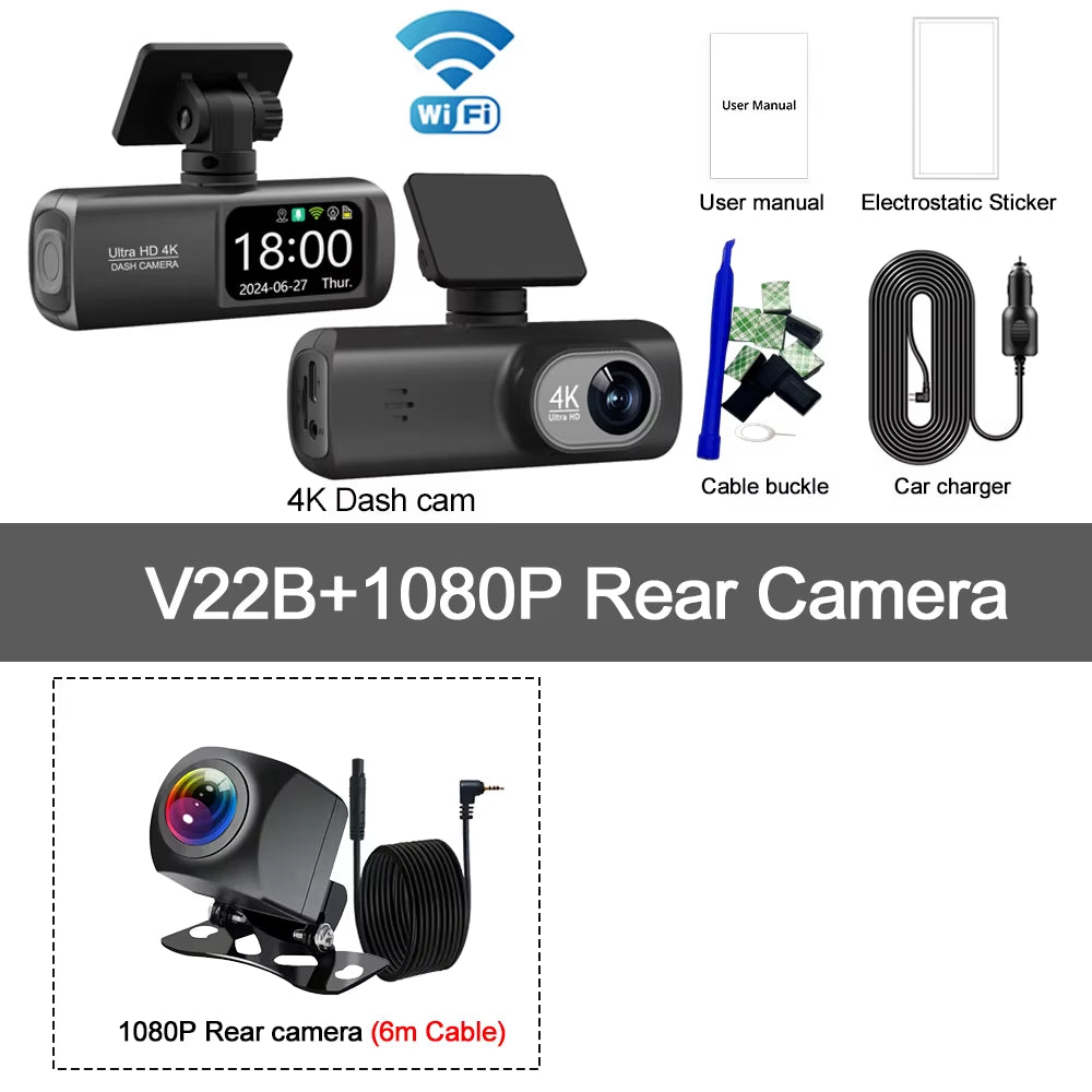 UHD 4K WiFi Dash Cam - Dual Lens Car DVR with Optional 1080P Rear Camera, GPS, and 24H Parking Monitoring