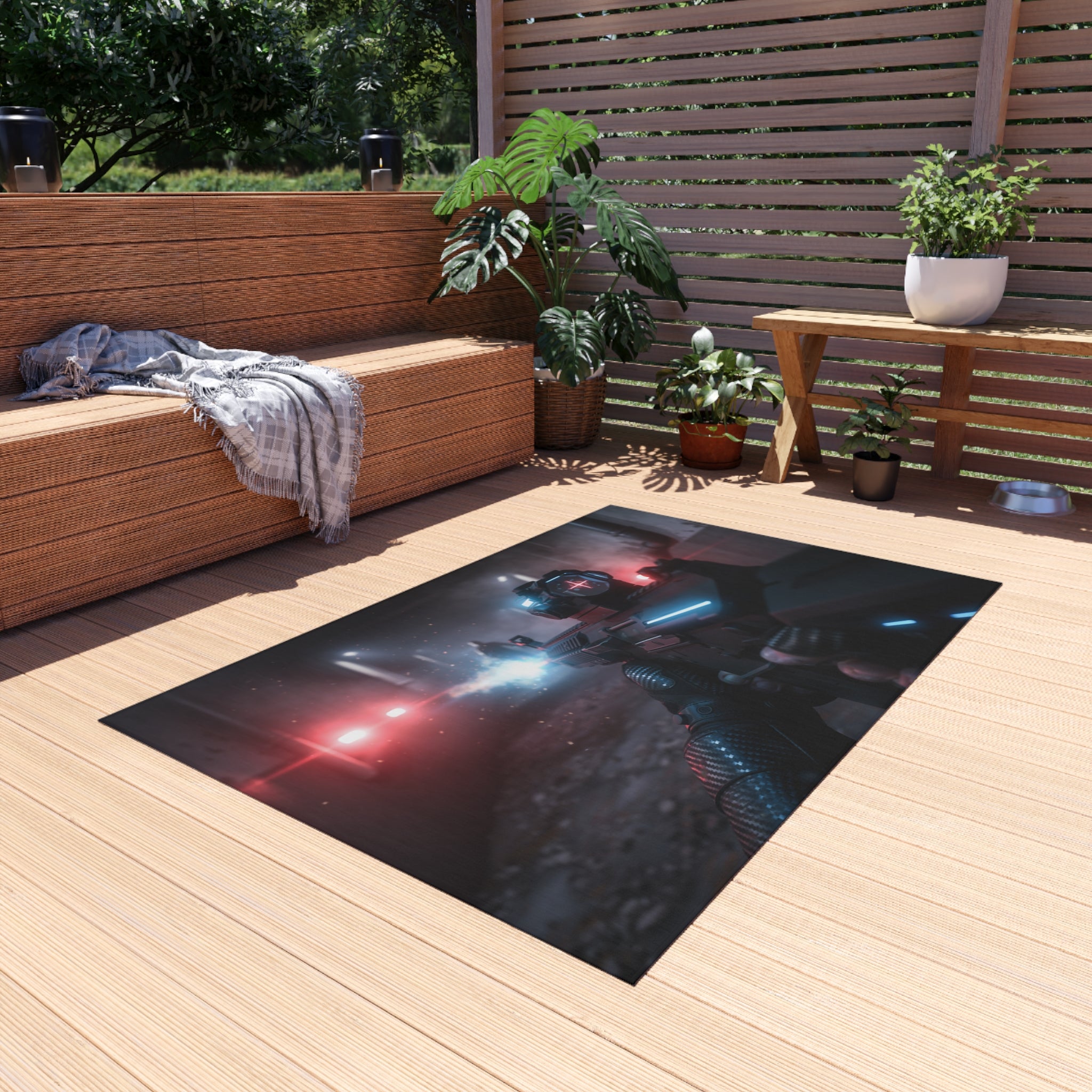 Cyberpunk Tactical Outdoor Rug — Futuristic Shooter Scene Patio Mat