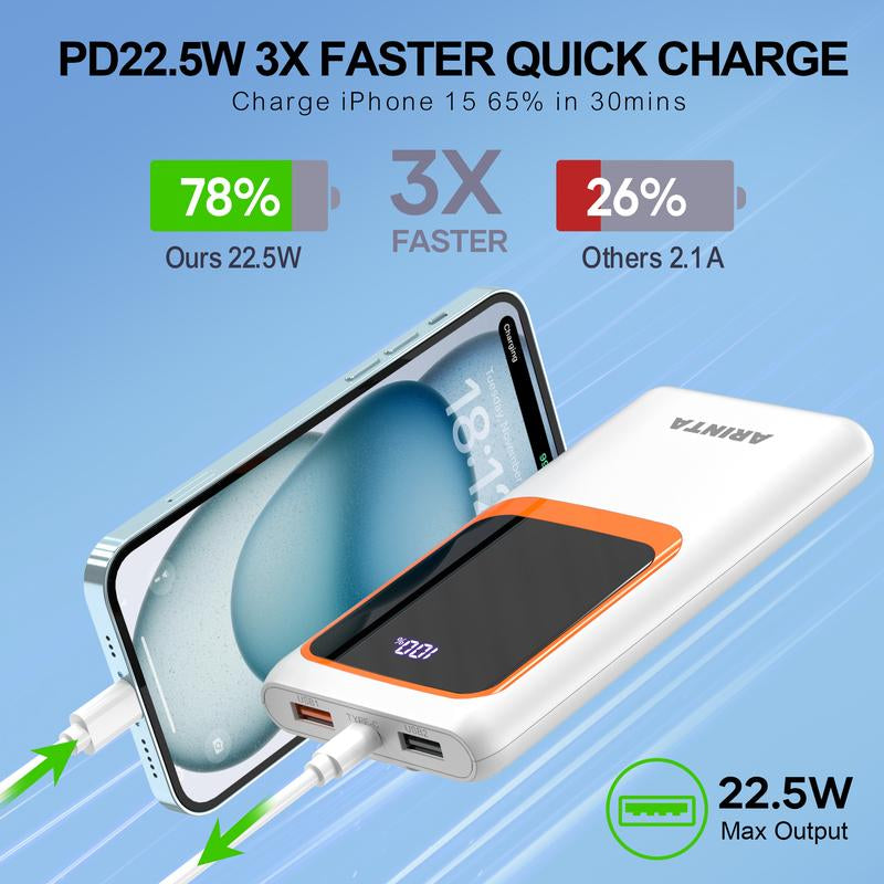 Portable 10000mAh Power Bank with Built-In Cables – PD 22.5W USB-C Charger for Heated Clothing, Smartphones, Tablets & More