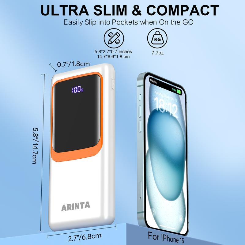 Portable 10000mAh Power Bank with Built-In Cables – PD 22.5W USB-C Charger for Heated Clothing, Smartphones, Tablets & More