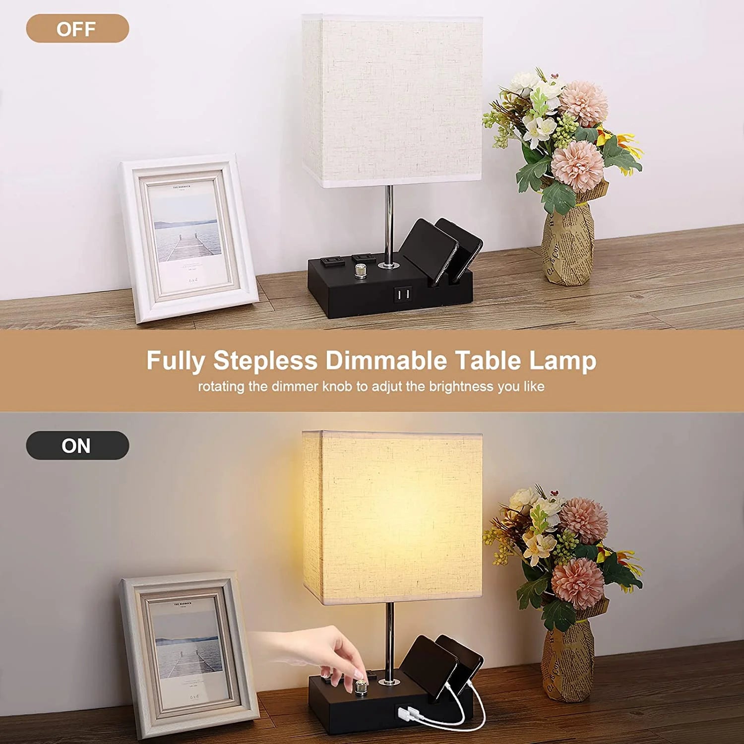 Fully Dimmable Bedside Lamp with USB Ports, Phone Stands, and Charging Outlets