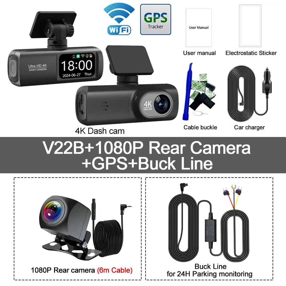 UHD 4K WiFi Dash Cam - Dual Lens Car DVR with Optional 1080P Rear Camera, GPS, and 24H Parking Monitoring