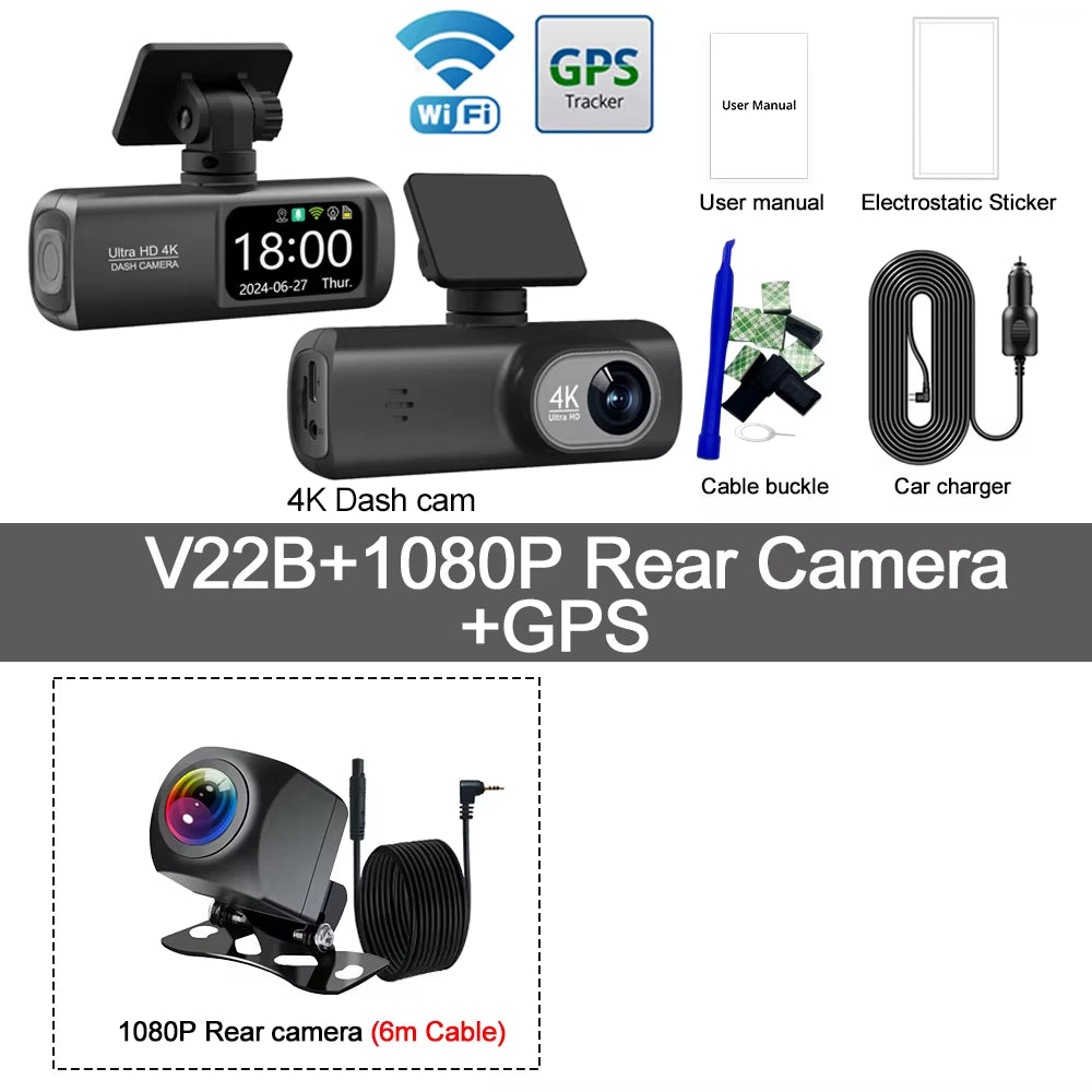 UHD 4K WiFi Dash Cam - Dual Lens Car DVR with Optional 1080P Rear Camera, GPS, and 24H Parking Monitoring