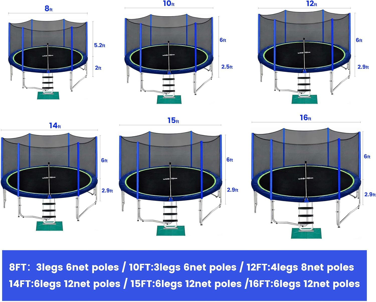 No-Gap Design Outdoor Trampoline with Safety Enclosure Net, 1500 LBS Capacity - Available in Sizes 8FT to 16FT
