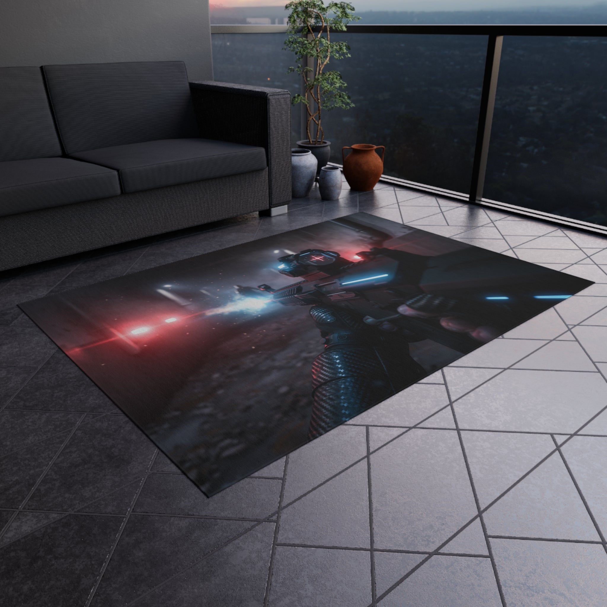 Cyberpunk Tactical Outdoor Rug — Futuristic Shooter Scene Patio Mat