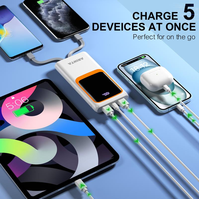 Portable 10000mAh Power Bank with Built-In Cables – PD 22.5W USB-C Charger for Heated Clothing, Smartphones, Tablets & More