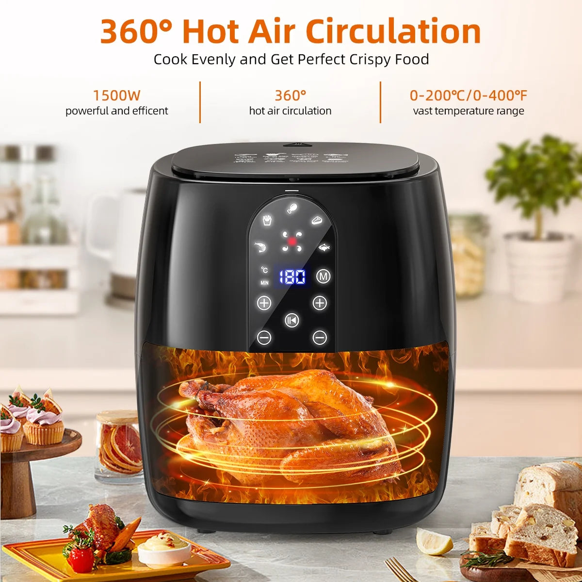 5.2QT Air Fryer Oven - 5-in-1 Oilless Cooker with LED Touch Screen, Presets & Dishwasher-Safe Basket + 50 Air Fryer Liners