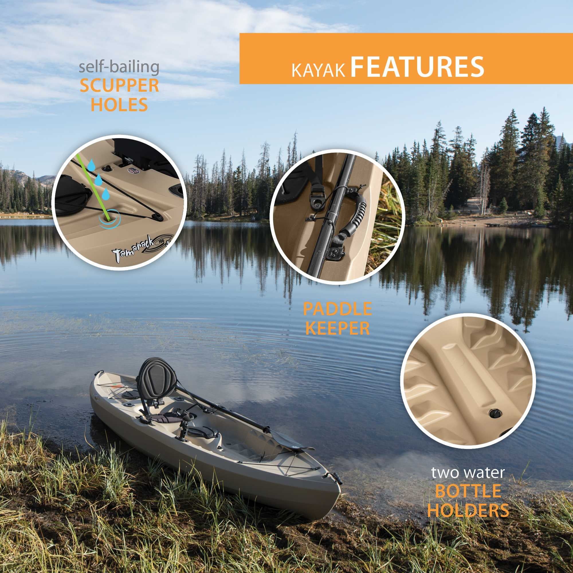 Tamarack Angler 10 Ft Fishing Kayak with Rod Holders, Tan
