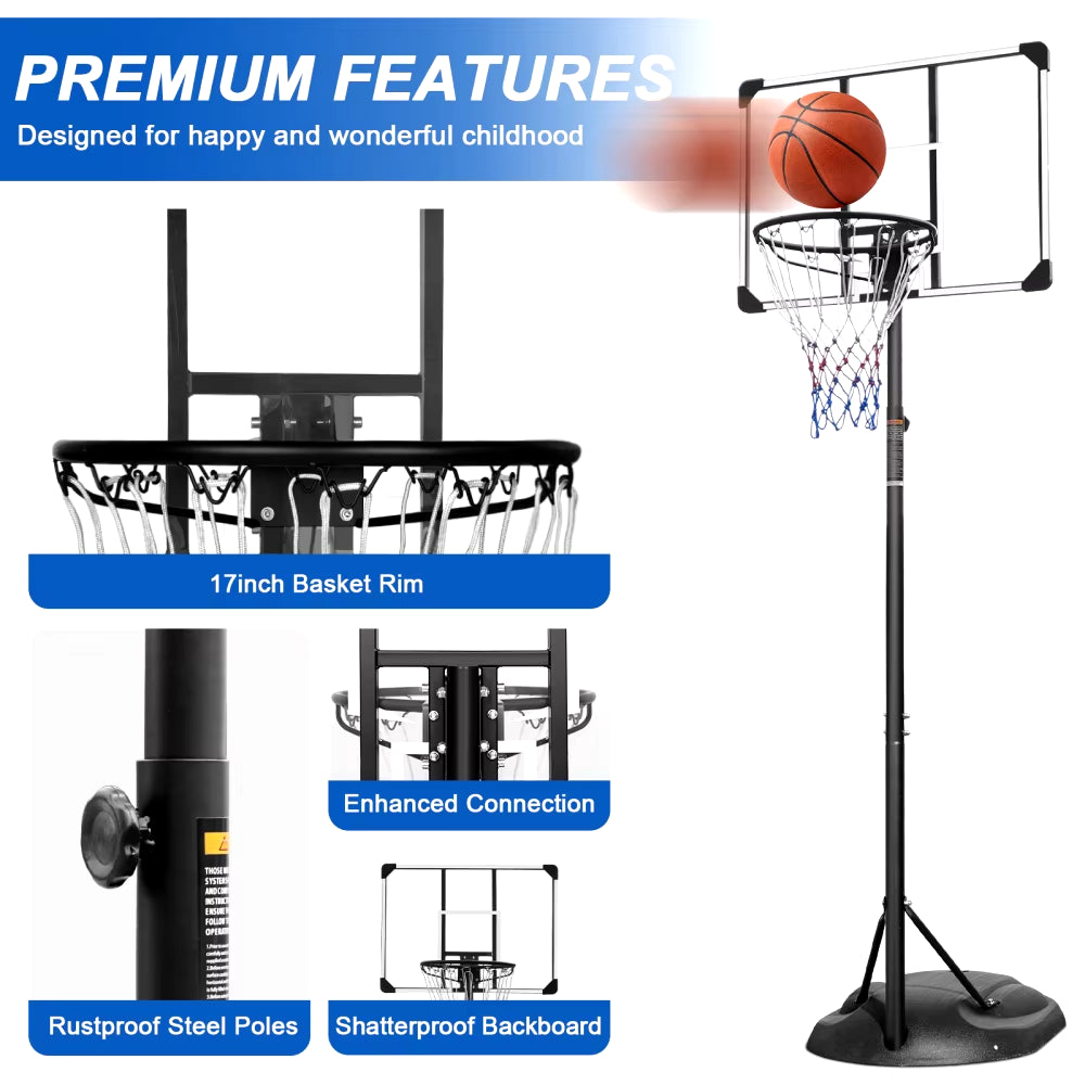 Height-Adjustable Portable Basketball Hoop - 7.5 to 9.2 Ft with 32-Inch Backboard & Wheels for Indoor/Outdoor Play