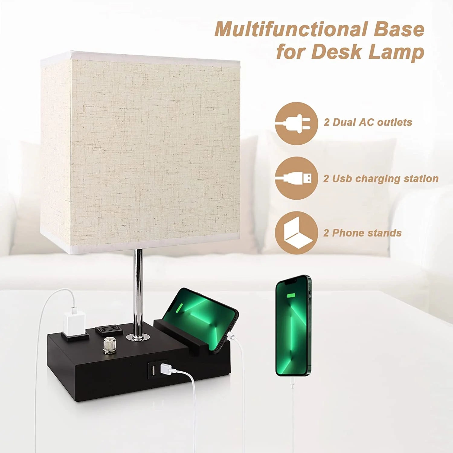 Fully Dimmable Bedside Lamp with USB Ports, Phone Stands, and Charging Outlets