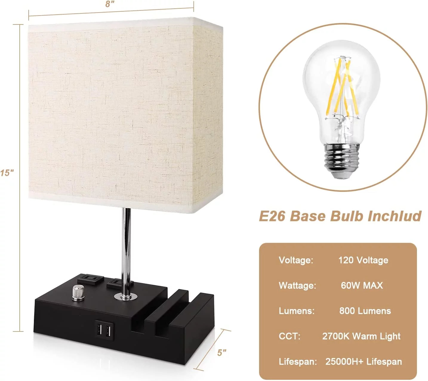 Fully Dimmable Bedside Lamp with USB Ports, Phone Stands, and Charging Outlets