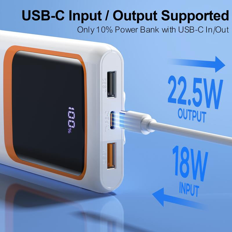 Portable 10000mAh Power Bank with Built-In Cables – PD 22.5W USB-C Charger for Heated Clothing, Smartphones, Tablets & More