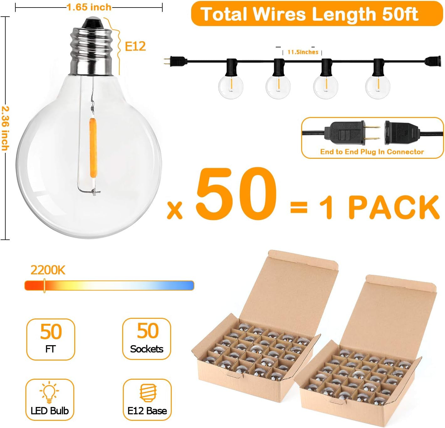 50FT Shatterproof LED Globe String Lights - Dimmable, Waterproof Edison Bulbs for Outdoor Patio, Party, and Wedding Decor