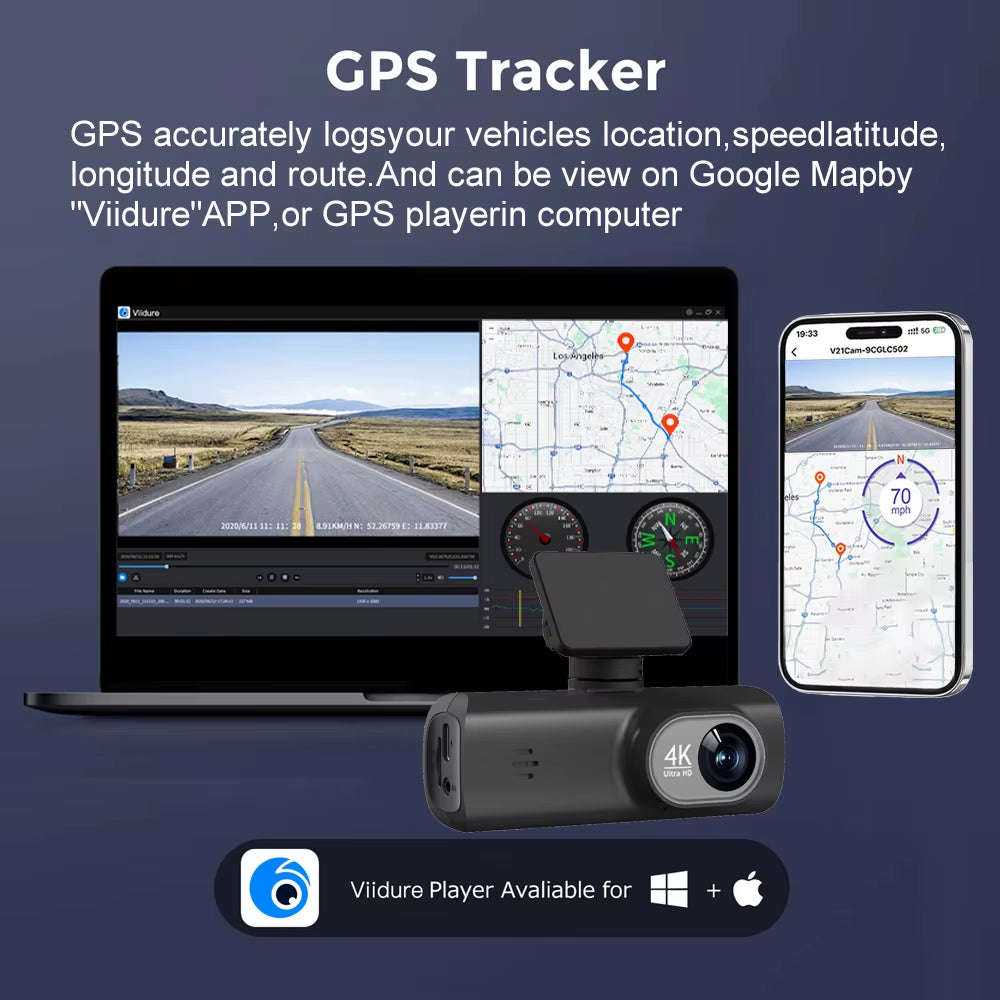 UHD 4K WiFi Dash Cam - Dual Lens Car DVR with Optional 1080P Rear Camera, GPS, and 24H Parking Monitoring