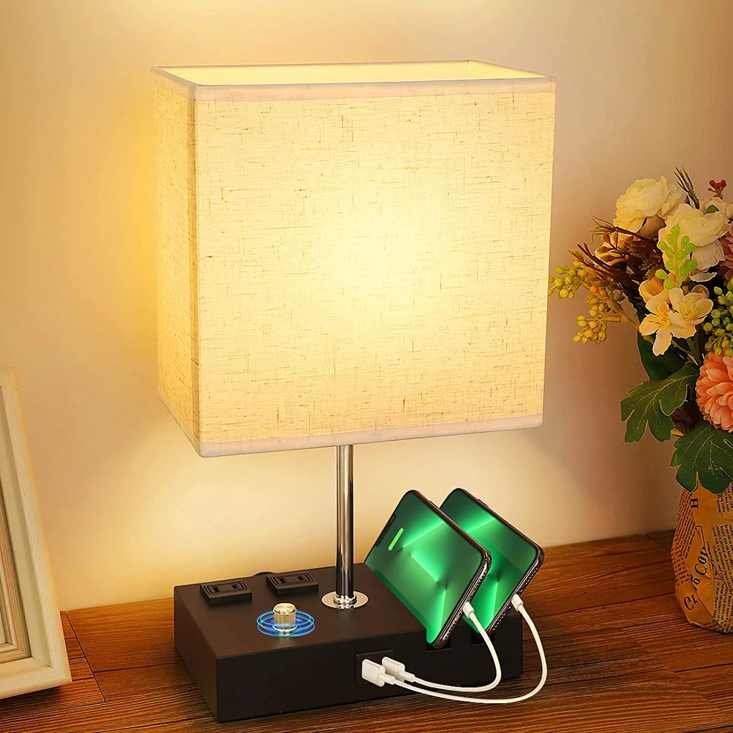Fully Dimmable Bedside Lamp with USB Ports, Phone Stands, and Charging Outlets