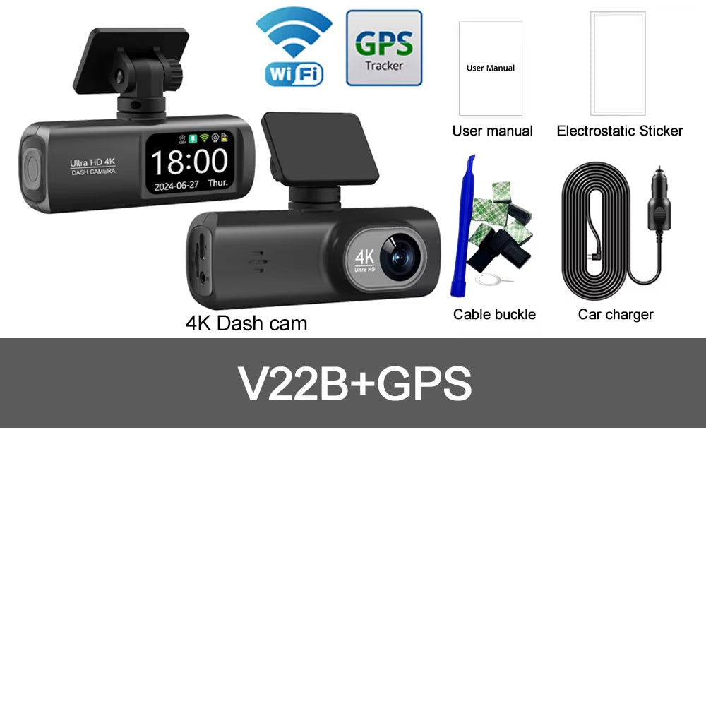 UHD 4K WiFi Dash Cam - Dual Lens Car DVR with Optional 1080P Rear Camera, GPS, and 24H Parking Monitoring