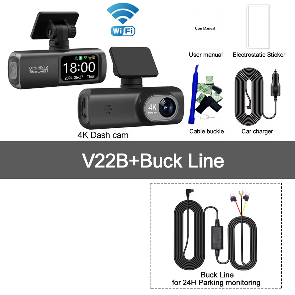 UHD 4K WiFi Dash Cam - Dual Lens Car DVR with Optional 1080P Rear Camera, GPS, and 24H Parking Monitoring