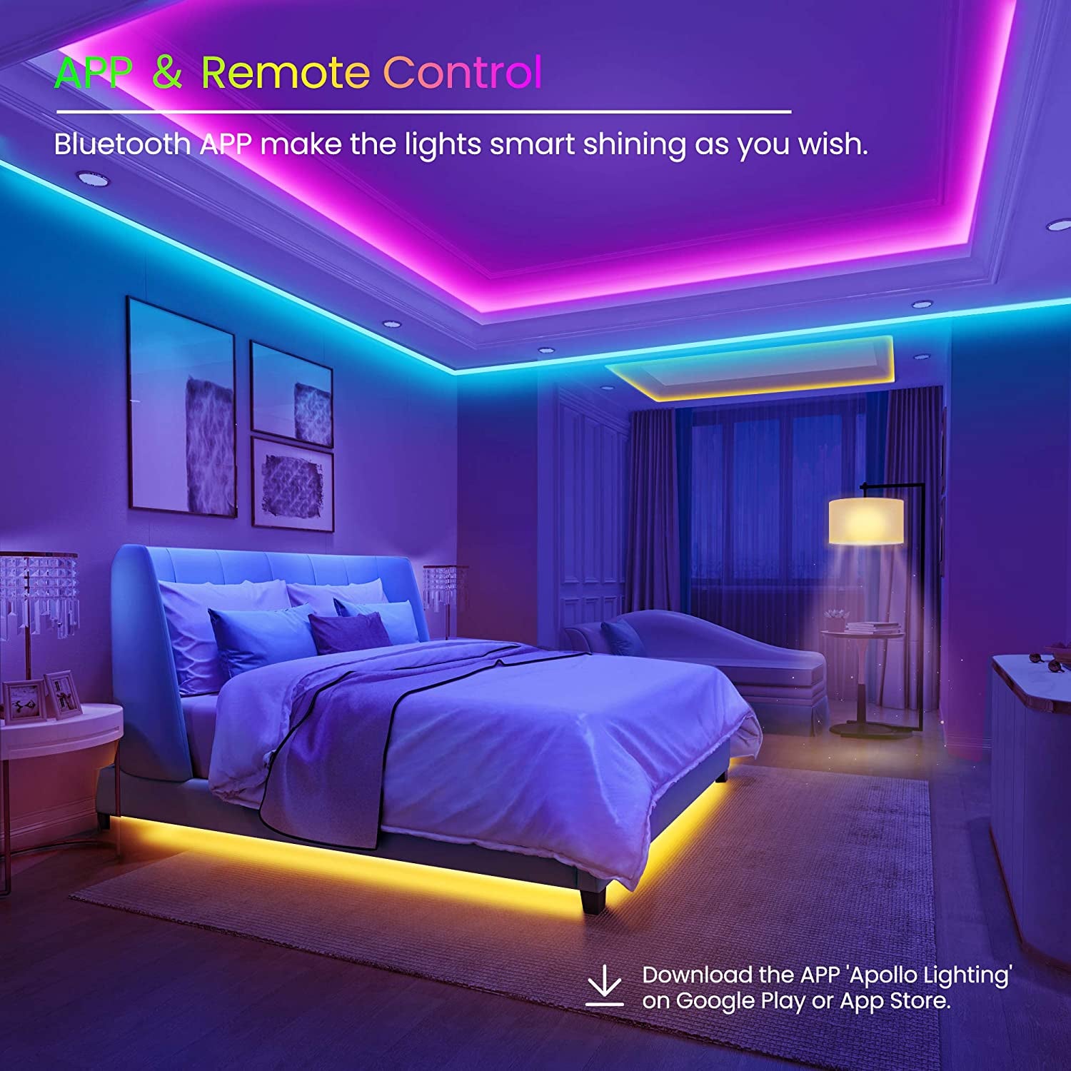 50 FT LED Strip Lights – Bluetooth Color-Changing Lights with Music Sync, Phone & IR Remote Control for Bedroom
