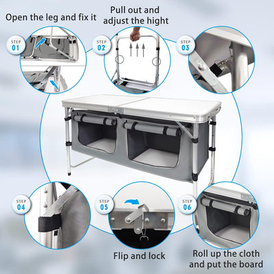 Portable Folding Camping Table with Storage – Lightweight Aluminum, Height Adjustable Picnic Table for Outdoors, Beach, Tailgating, BBQs, and Travel