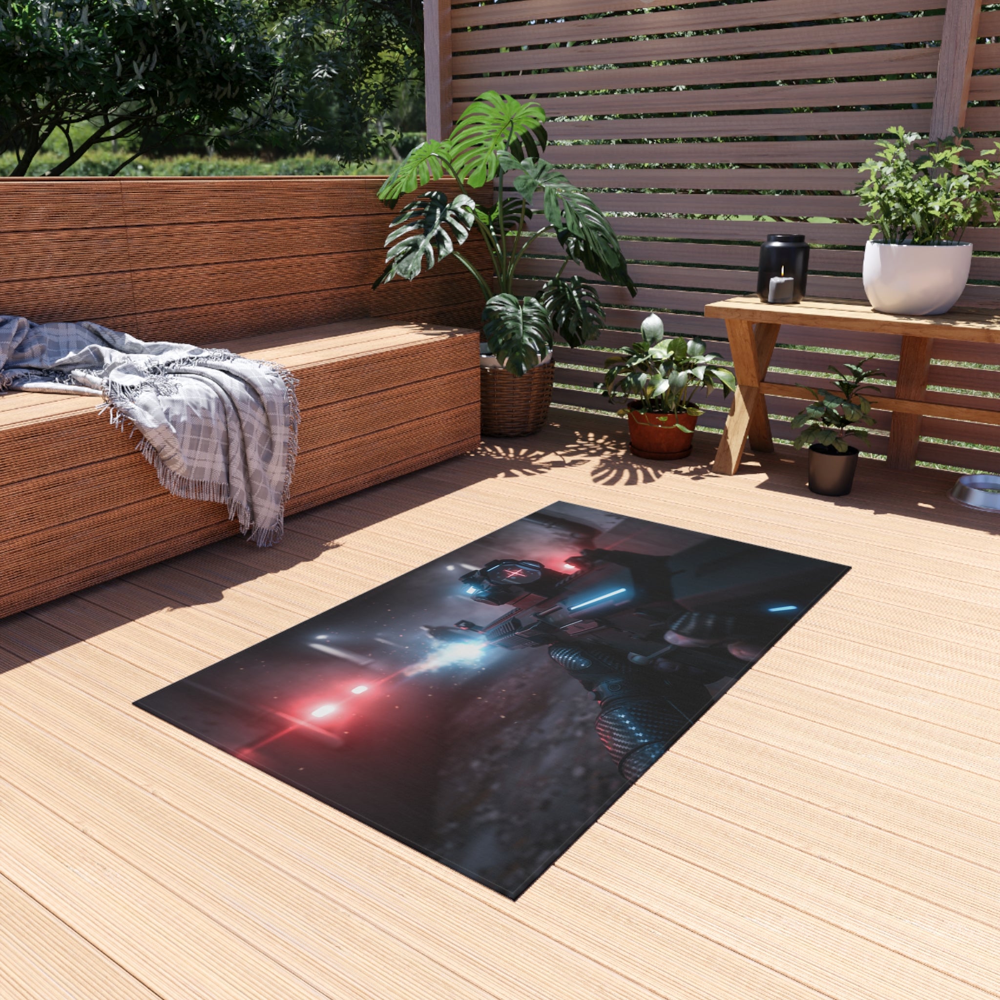 Cyberpunk Tactical Outdoor Rug — Futuristic Shooter Scene Patio Mat