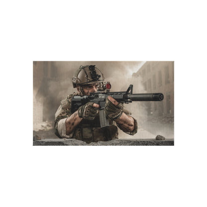 Tactical Soldier Outdoor Rug — Military Combat Scene Patio Mat