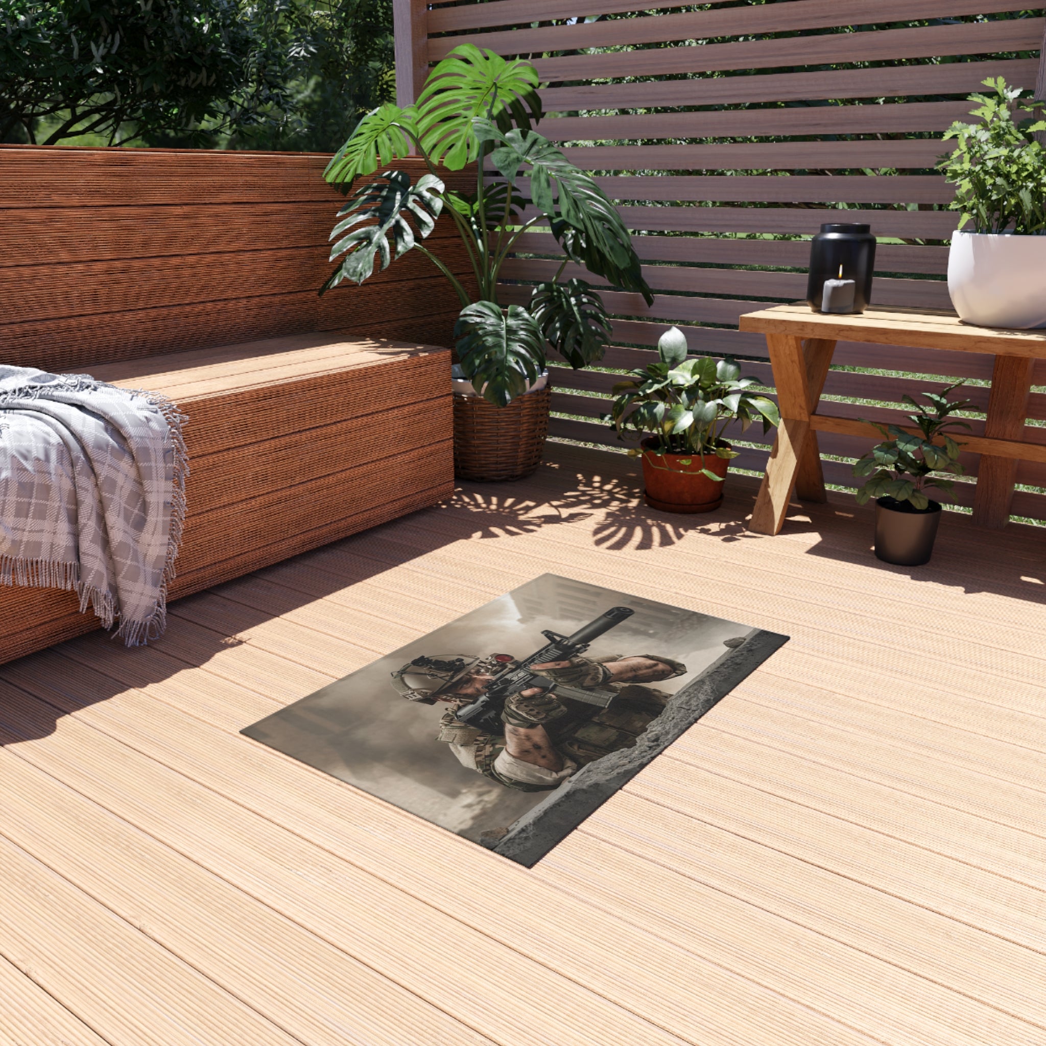 Tactical Soldier Outdoor Rug — Military Combat Scene Patio Mat