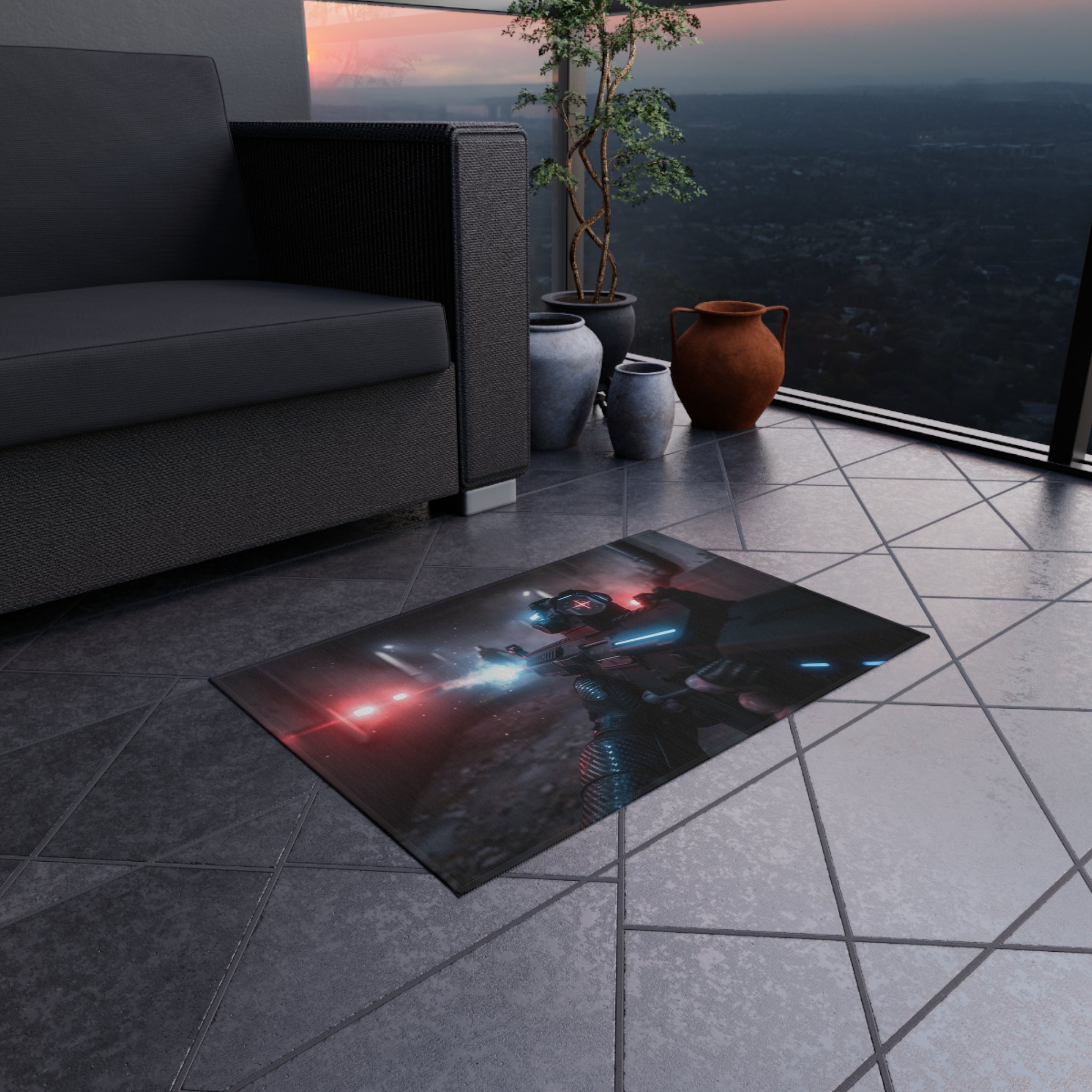Cyberpunk Tactical Outdoor Rug — Futuristic Shooter Scene Patio Mat