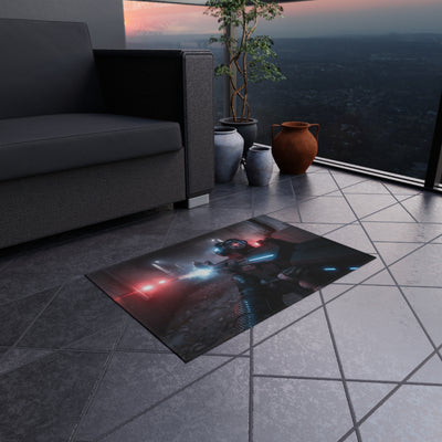 Cyberpunk Tactical Outdoor Rug — Futuristic Shooter Scene Patio Mat