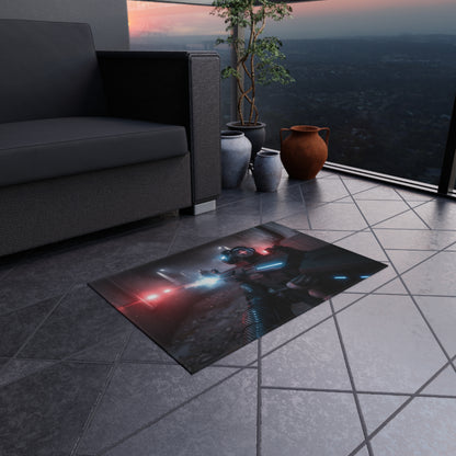 Cyberpunk Tactical Outdoor Rug — Futuristic Shooter Scene Patio Mat