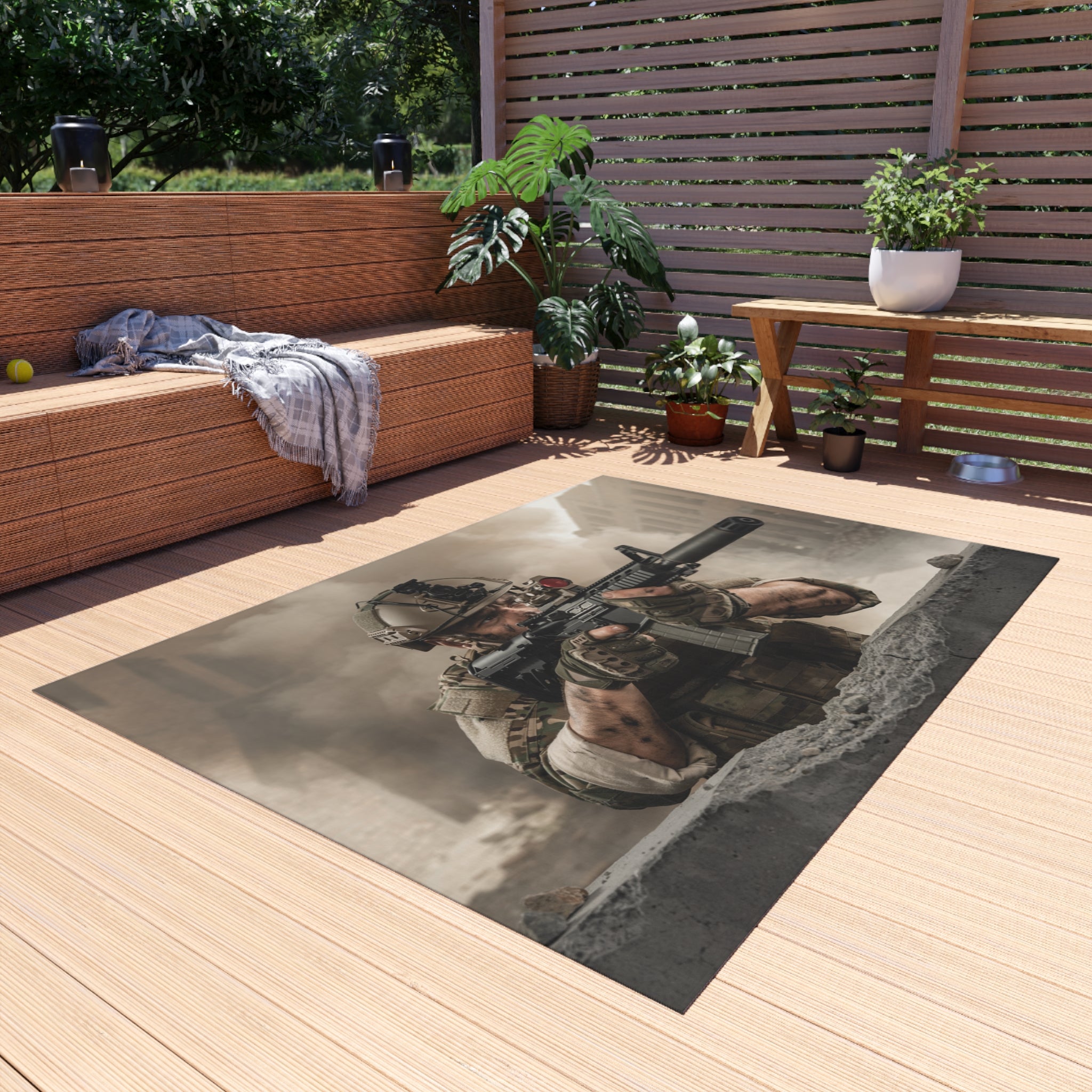 Tactical Soldier Outdoor Rug — Military Combat Scene Patio Mat