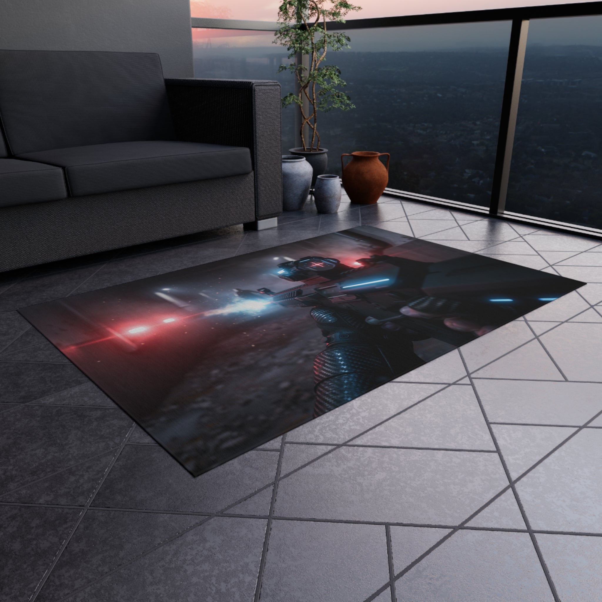 Cyberpunk Tactical Outdoor Rug — Futuristic Shooter Scene Patio Mat