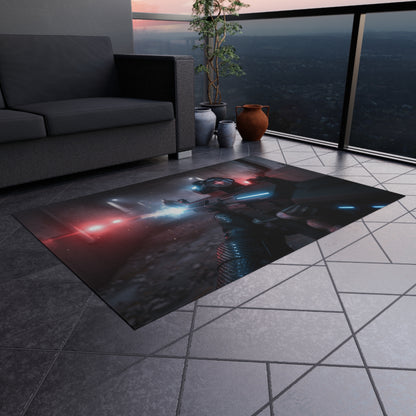 Cyberpunk Tactical Outdoor Rug — Futuristic Shooter Scene Patio Mat