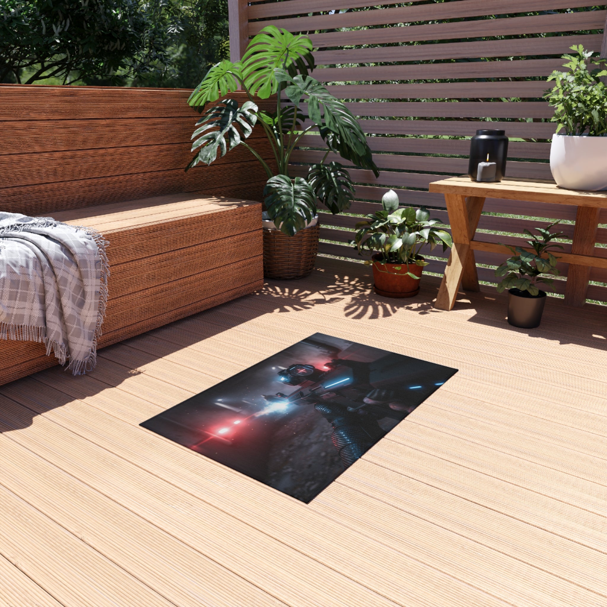 Cyberpunk Tactical Outdoor Rug — Futuristic Shooter Scene Patio Mat