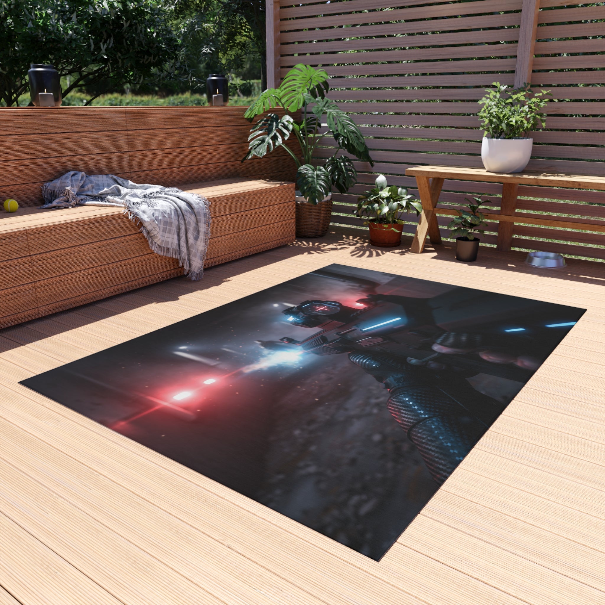 Cyberpunk Tactical Outdoor Rug — Futuristic Shooter Scene Patio Mat