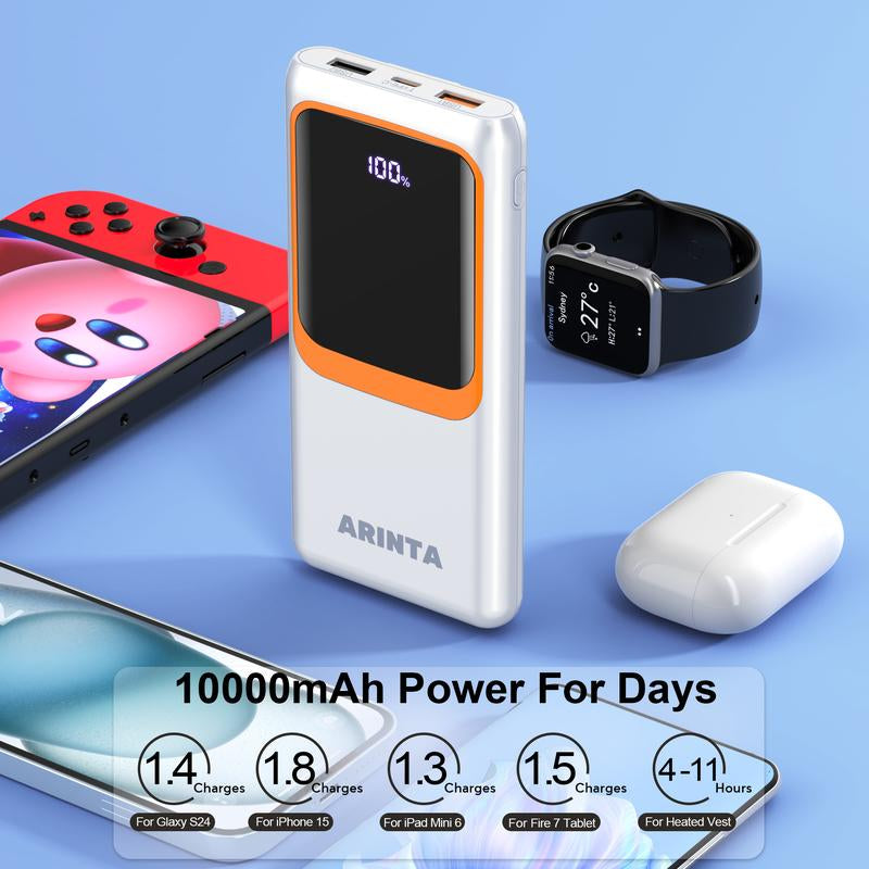 Portable 10000mAh Power Bank with Built-In Cables – PD 22.5W USB-C Charger for Heated Clothing, Smartphones, Tablets & More