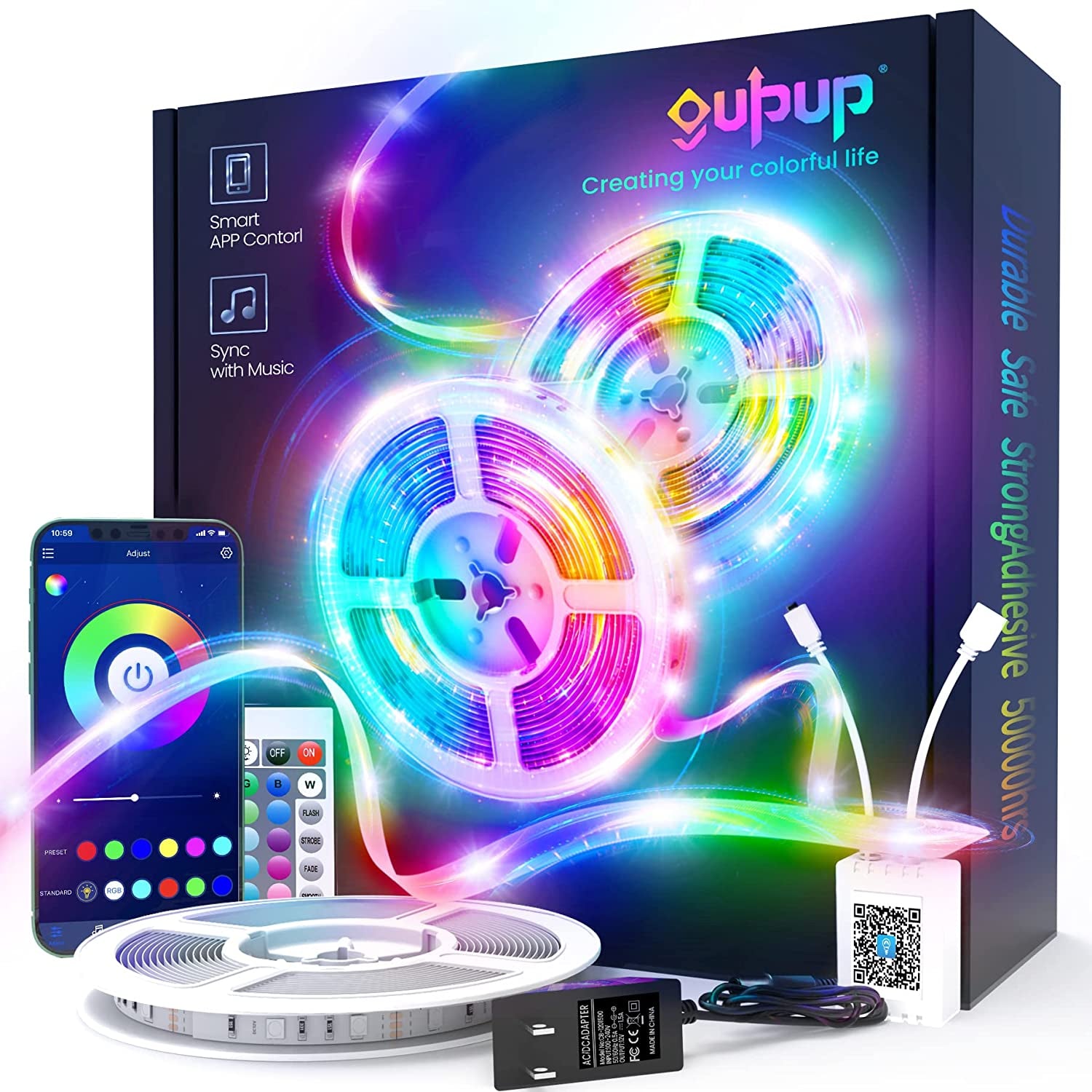 50 FT LED Strip Lights – Bluetooth Color-Changing Lights with Music Sync, Phone & IR Remote Control for Bedroom