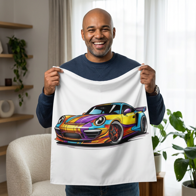 Sports Car Tapestry — Colorful Retro Racing Porsche Wall Art